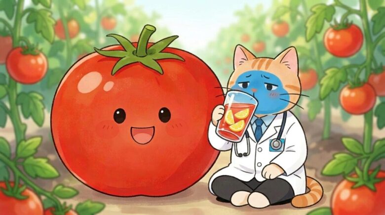 白衣を着た猫がカゴメトマトジュースプレミアムを飲むイラスト｜更年期・紫外線対策にリコピンスーパーフード