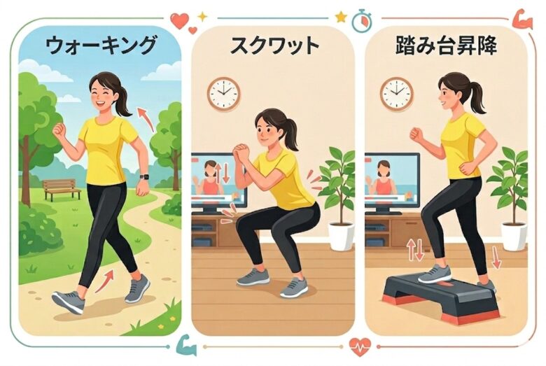 更年期世代の暑熱順化におすすめの軽い運動3種。公園でのウォーキング、室内でのスクワット、踏み台昇降をイラストで紹介。