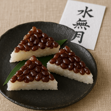 白くて三角形のういろうの上に、つやつやとした小豆がびっしりと敷き詰められた和菓子「水無月」のクローズアップ。奥にもう一つ同じ水無月がぼんやりと写っており、全体的に明るく清潔感のある背景で、和菓子の美味しそうな質感が際立っている。