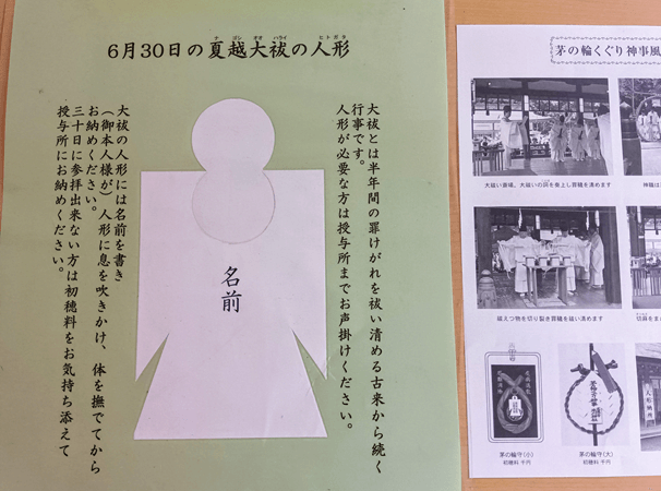 夏越の大祓(なごしのおおはらい)の儀式を説明する案内用紙と写真。左側には、氏名を書き息を吹きかけて穢れを移す「人形(ひとがた)」の用紙と使用方法が書かれており、中央には人の形に切り抜かれた人形(ひとがた)の例が写っている。右側には「茅の輪くぐり 神事風」と題された白黒写真が並び、神職が大祓の詞を奏上する様子や、茅の輪守り(お守り)の例が確認できる。