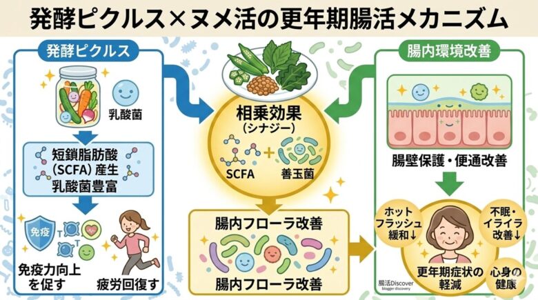 ピクルスとヌメ活の腸活メカニズム図。左にピクルス瓶からSCFA産生、右にヌメ活食材から腸壁保護、中央で腸内フローラ改善、更年期女性の笑顔で症状軽減を示す横長イラスト