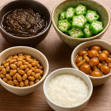 ヌメ活に最適なぬめり食材(もずく、オクラ、納豆、なめこ、山芋)の画像