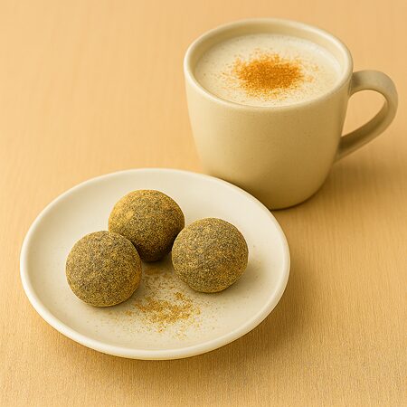 きな粉・デーツ・アーモンド・塩で作ったきなこデーツボールを小皿に3個並べ、横に無調整豆乳とシナモンで仕上げた豆乳ラテを添えたおやつセット。血糖値の急上昇を防ぐ低GIスイーツ。