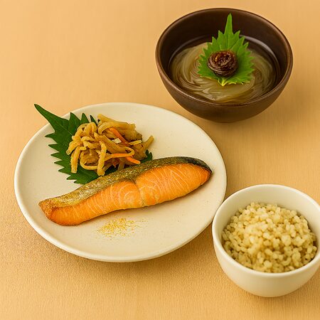 塩麹に漬けて焼いた鮭を主菜に、切り干し大根・人参・油揚げの煮物、ところてんに酢醤油と青じそを添えた副菜、玄米少量を加えた和風の夕食セット。消化にやさしく、睡眠の質を高める構成。