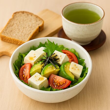 朝食の和風サラダ：冷やした木綿豆腐、スライスアボカド、トマト、青じそ、白ごまを盛り付け、オリーブオイル・醤油・レモン汁のドレッシングをかけた一皿。ふすまパンと湯飲みの緑茶を添えて。