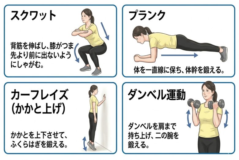 スクワット、プランク、カーフレイズ(かかと上げ)、ダンベル運動の4種目を描いたイラスト図解。各種目に動作の矢印とポイントの説明文を添えた、更年期世代向けの自宅トレーニングガイド。