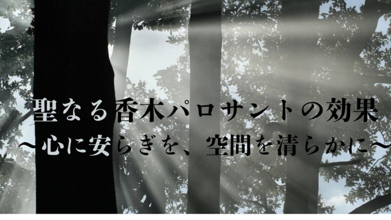 パロサントの効果を紹介するブログ記事のアイキャッチ画像。木漏れ日のイメージと『聖なる香木パロサントの効果～心に安らぎを、空間を清らかに～』の文字で、清らかで癒される効果を表現。
