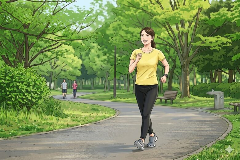 更年期による隠れ肥満解消のために緑豊かな公園の遊歩道を笑顔でウォーキングする女性のイラスト。背景には木々と他の歩行者が描かれている。