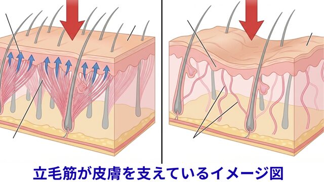 アンチエイジングの鍵となる立毛筋(ダイナミックベルト)の解説図。斜めに走る立毛筋が皮膚を支える構造と、筋力低下による重力負け・たるみの進行を表したイラスト。