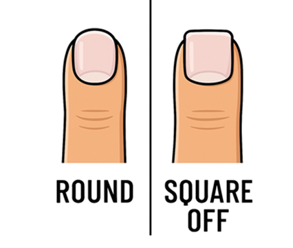 男性の爪の形を比較するイラスト。左は自然な丸みを帯びたラウンド型、右は直線的で角があるスクエアオフ型。身だしなみの参考に。