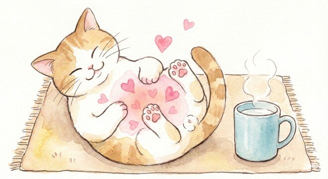 白湯を飲んでお腹と手足が温まり、リラックスして横になる猫のイラスト。温まった部分にピンクのハートが描かれている。
