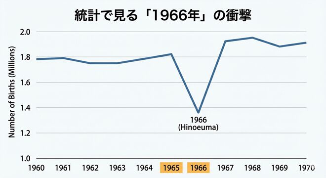 1960年から1970年までの日本の出生数推移グラフ。1966年（丙午）の部分だけが深い谷のように急激に落ち込み、前後約180万人から約136万人へ減少している様子を示している。