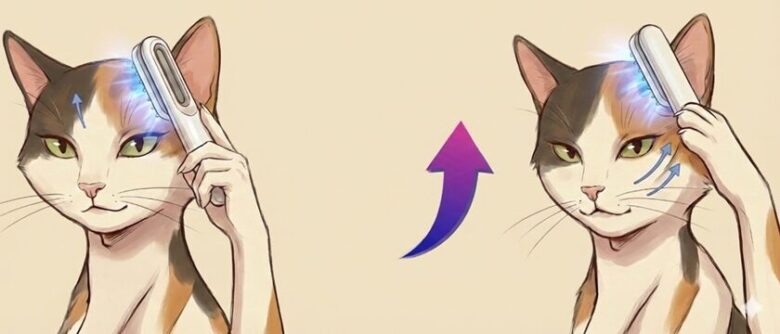 イラストのおねこがTAQISONG電気ブラシで立毛筋活性！EMS/LED頭皮ケアビフォーアフター