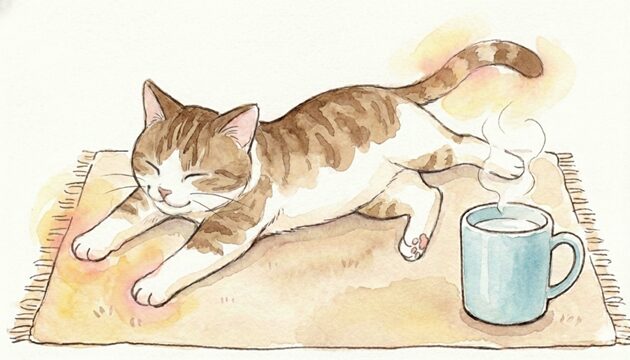 白湯を飲んだ後の温活タイムに、前足を伸ばしてリラックスした表情でストレッチをする猫のイラスト。