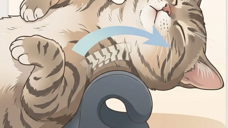 イラスト猫がおねこのように首枕で首こり・肩こりをストレッチしている様子