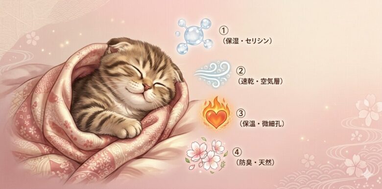 シルク4大効果まとめ：保湿・速乾・保温・防臭。猫がシルクに包まれるイラスト