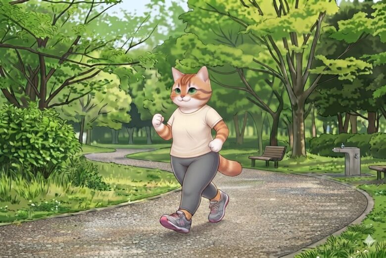 更年期のむくみ太り対策にウォーキングをする猫のイラスト