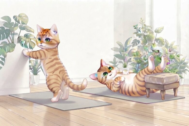 むくみ対策のストレッチをする猫のイラスト