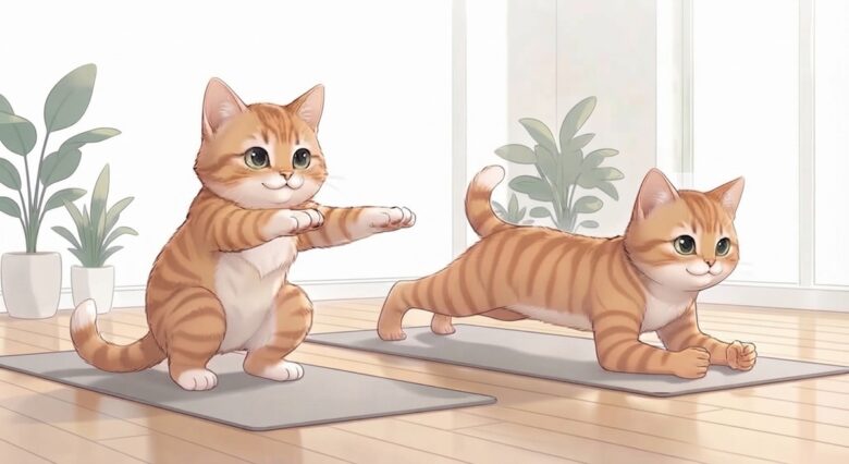 脂肪を落とすスクワットとプランクをする猫のイラスト